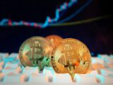Bitcoin coins are displayed with a stock chart.