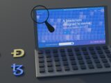 a laptop computer with a magnifying glass on top of it