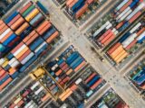 aerial view of shipping container yard