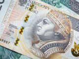 High-resolution image of Polish currency banknotes showcasing intricate design and security features.