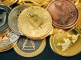 a pile of gold and silver bitcoins