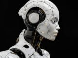 A white robot is standing in front of a black background