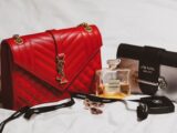 red and black leather handbag