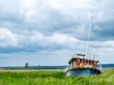 An abandoned boat rests on the grassy shore